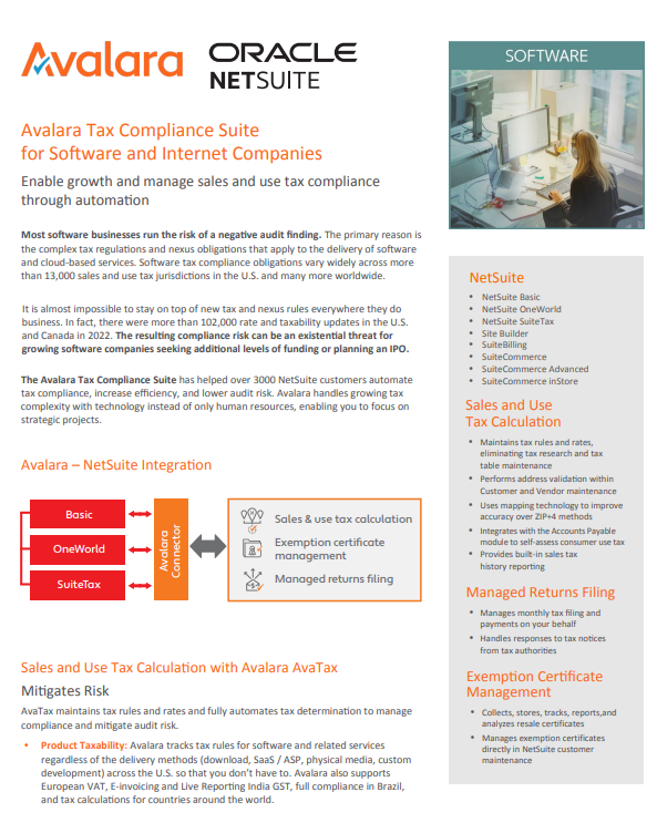 Avalara Tax Compliance Suite for Software NetSuite